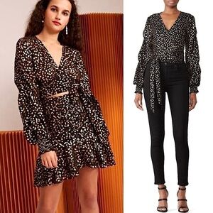 C/MEO Glitter Floral Crepe Chiffon Ruched Long Puff Sleeve 70s‎ Wrap Crop Top S